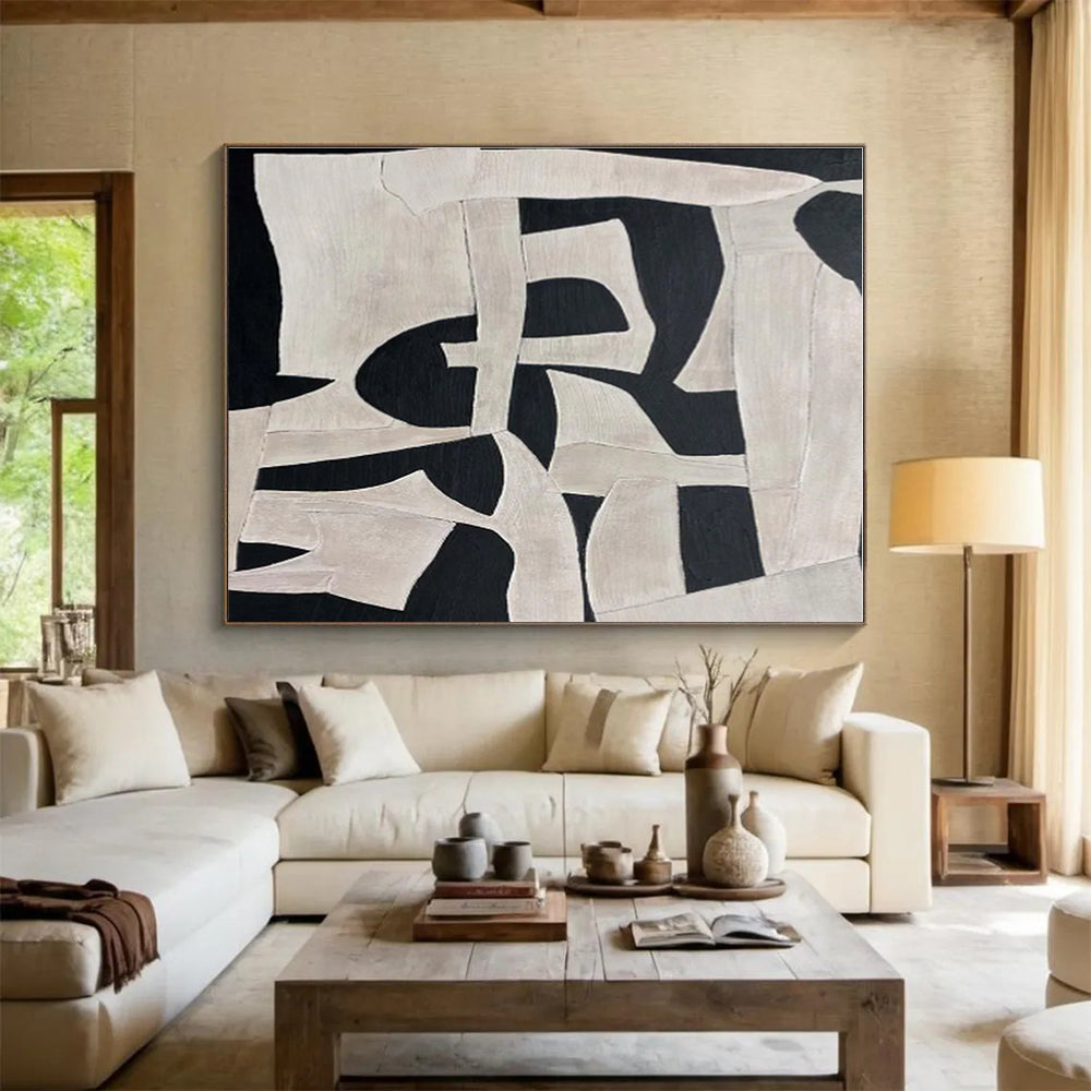 Hand-Painted Black & White Geometric Abstract Art On Canvas HPS031