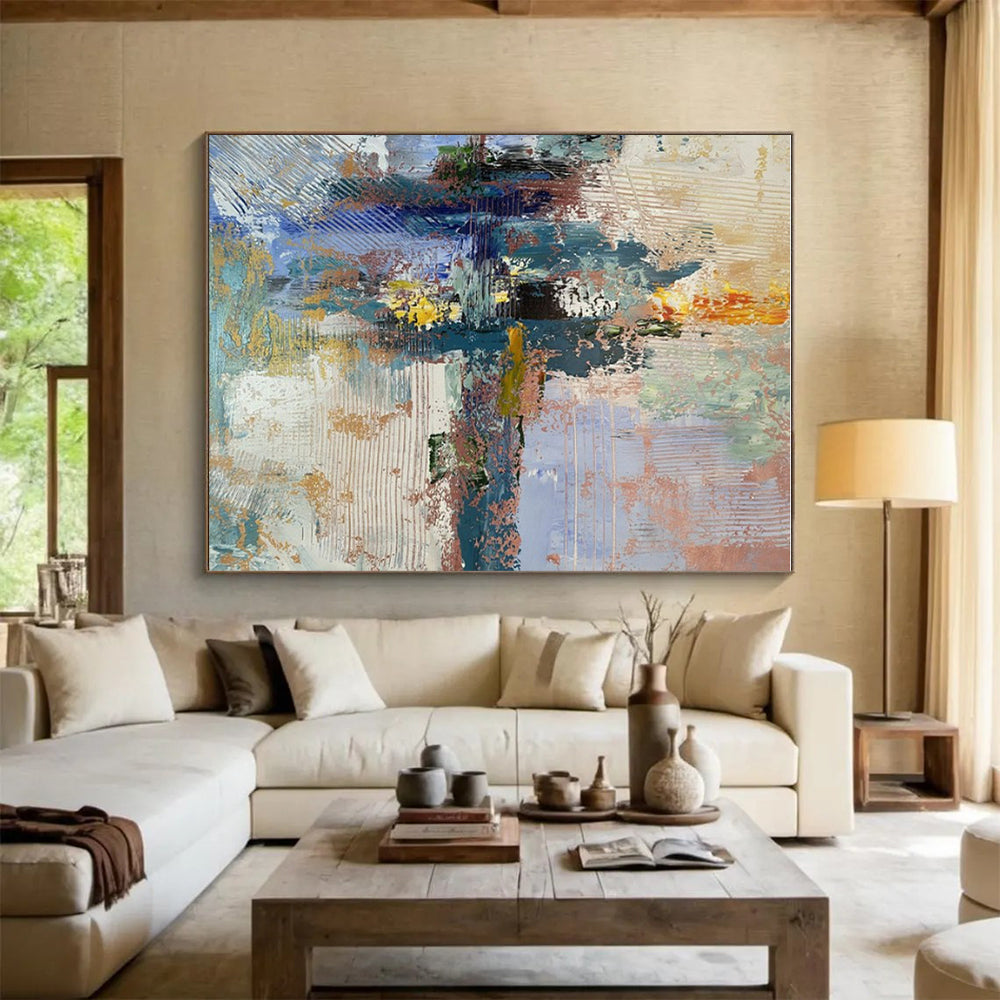 Acrylic Modern Art Paintings Blue, Gold, and Pink Textured Abstract Art PT772