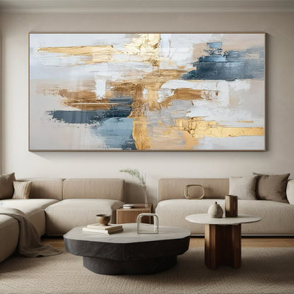 Acrylic Modern Art Paintings Gold, Blue, and White Textured Abstract Art PT732