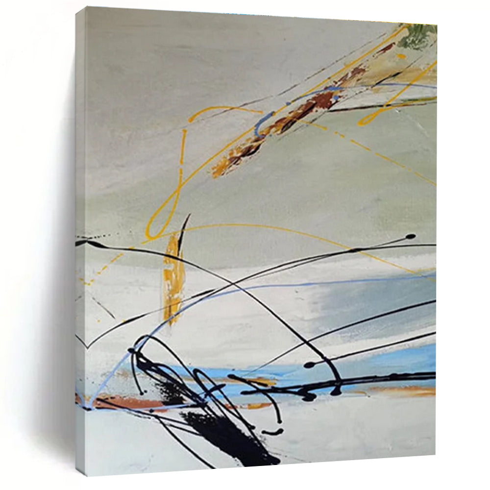 Modern Art Acrylic with Black, Yellow, Blue, and Gray Dynamic Lines, Large Contemporary Wall Art PT210