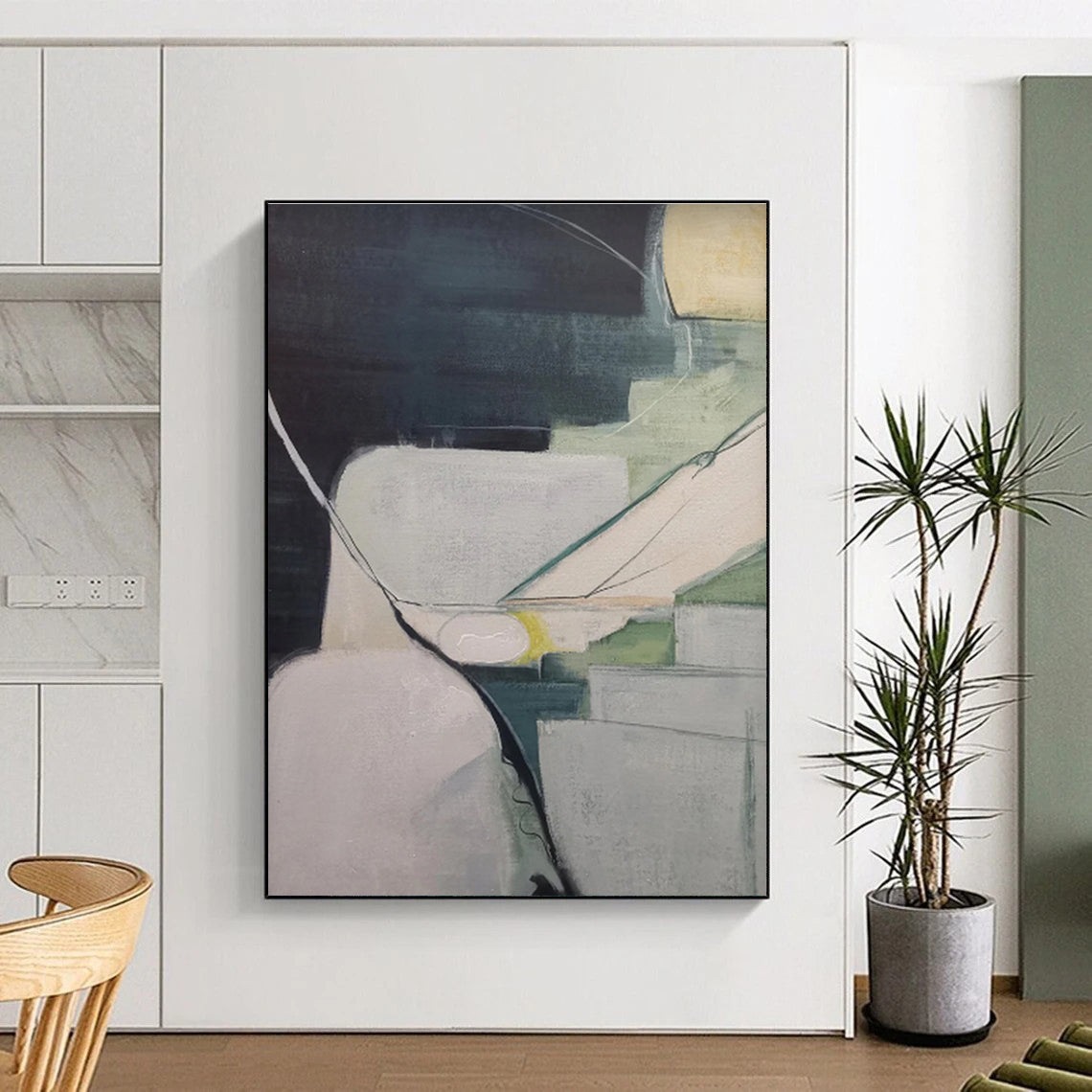 Modern Art Acrylic Dark Teal Beige Geometric Abstract Art for House PT492