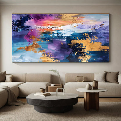 Oversized Abstract Wall Art in Purple, Blue, Pink, Orange, and Gold Textural Abstract Compositions PT255