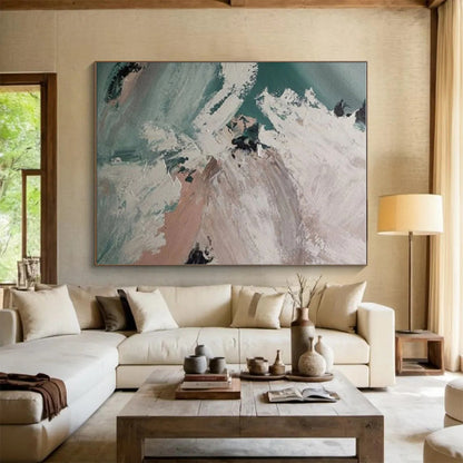 Hand-Painted Teal Beige Abstract Landscape Acrylic Art PT491