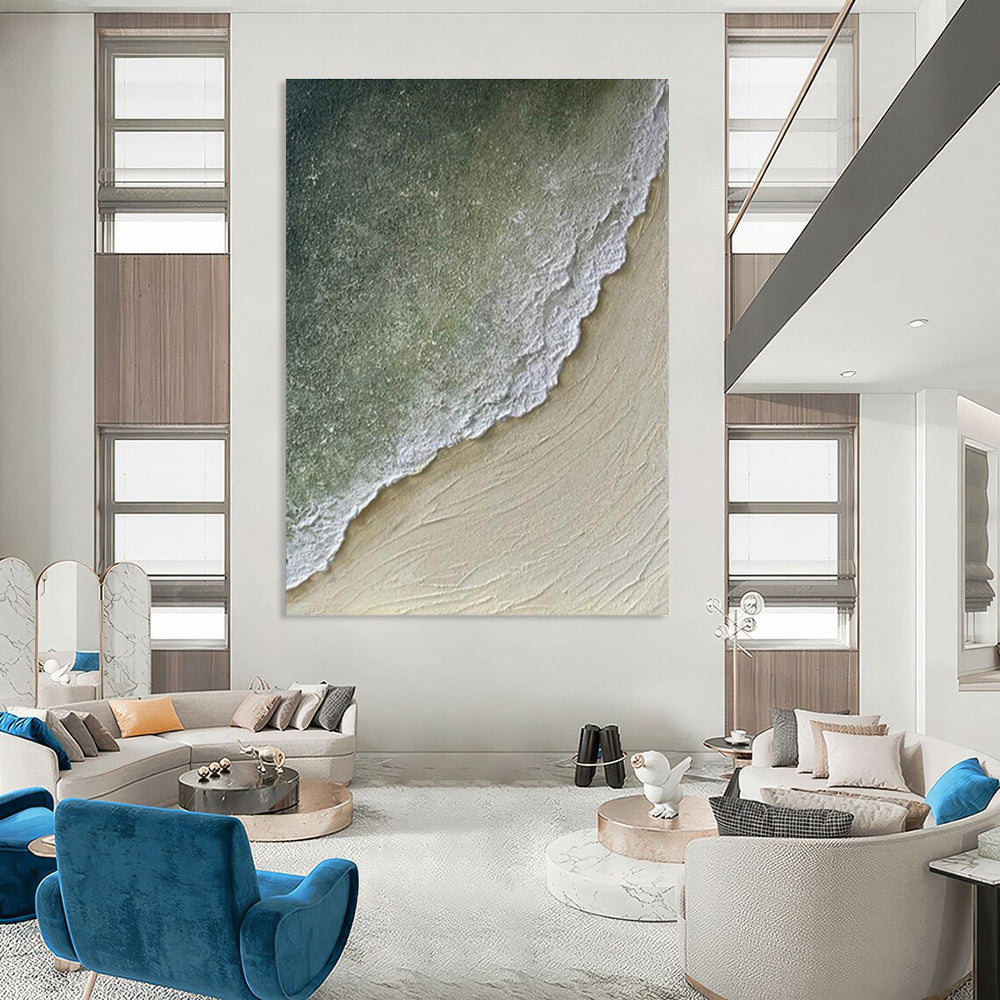 Oversized Abstract Wall Art Green, Beige, and White Textured Abstract Seaside Art DPS462