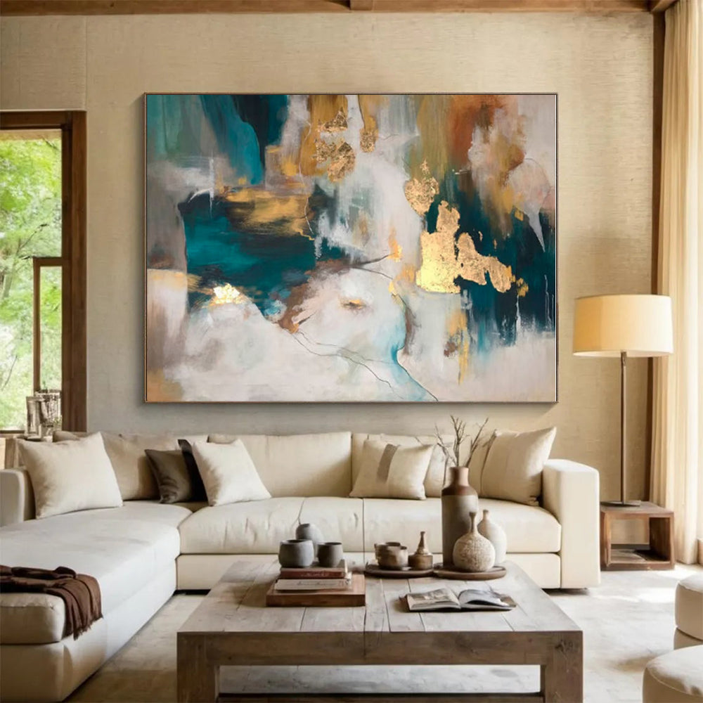 Large Contemporary Wall Art Teal, Gold, and White Abstract Art PT649