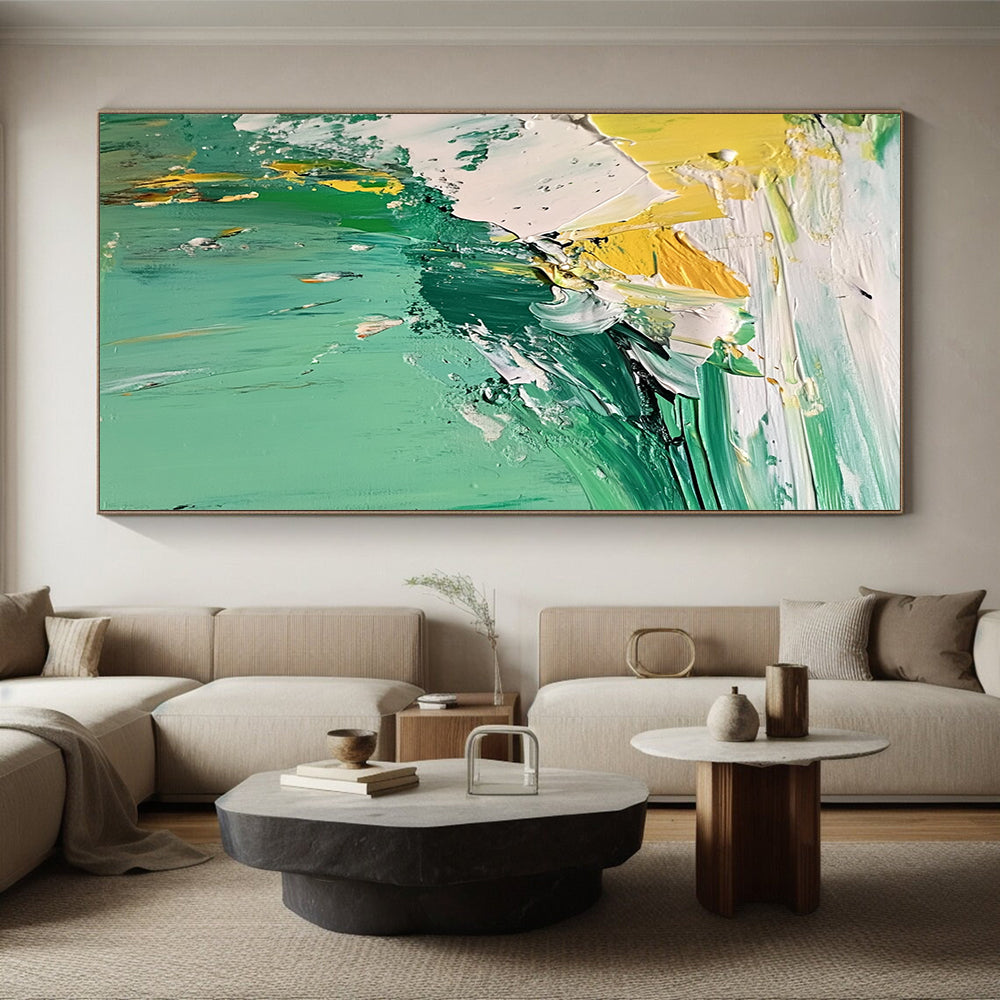 48x60 Green, Yellow & White Textured Abstract Painting On Canvas PT126