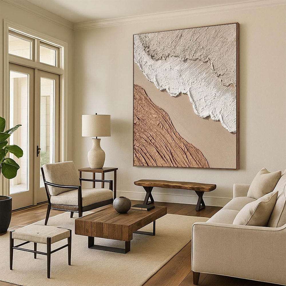 Handmade Art Beige, Brown and White Textured Abstract Landscape, Large Contemporary Wall Art PT553