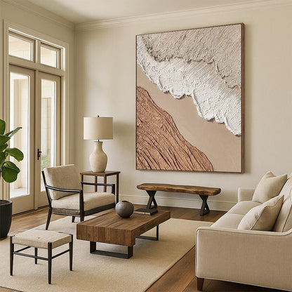 Handmade Art Beige, Brown and White Textured Abstract Landscape, Large Contemporary Wall Art PT553