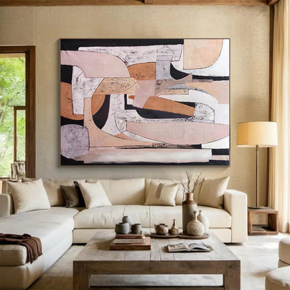 Large Contemporary Wall Art in Beige, Pink, Black, and White Abstract Geometric Compositions PT247