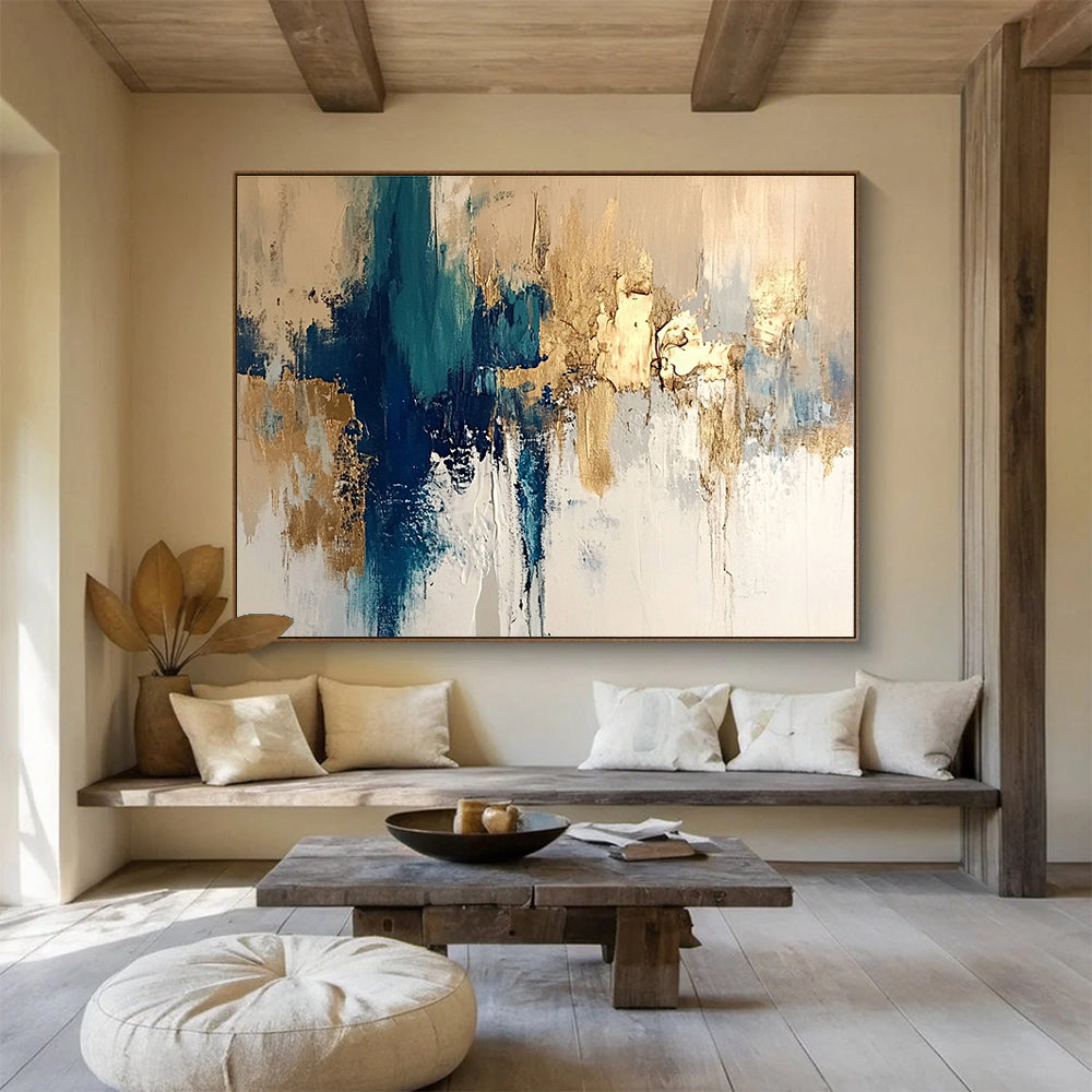 Large Size Teal, Gold & White Textured Abstract Painting HPS275