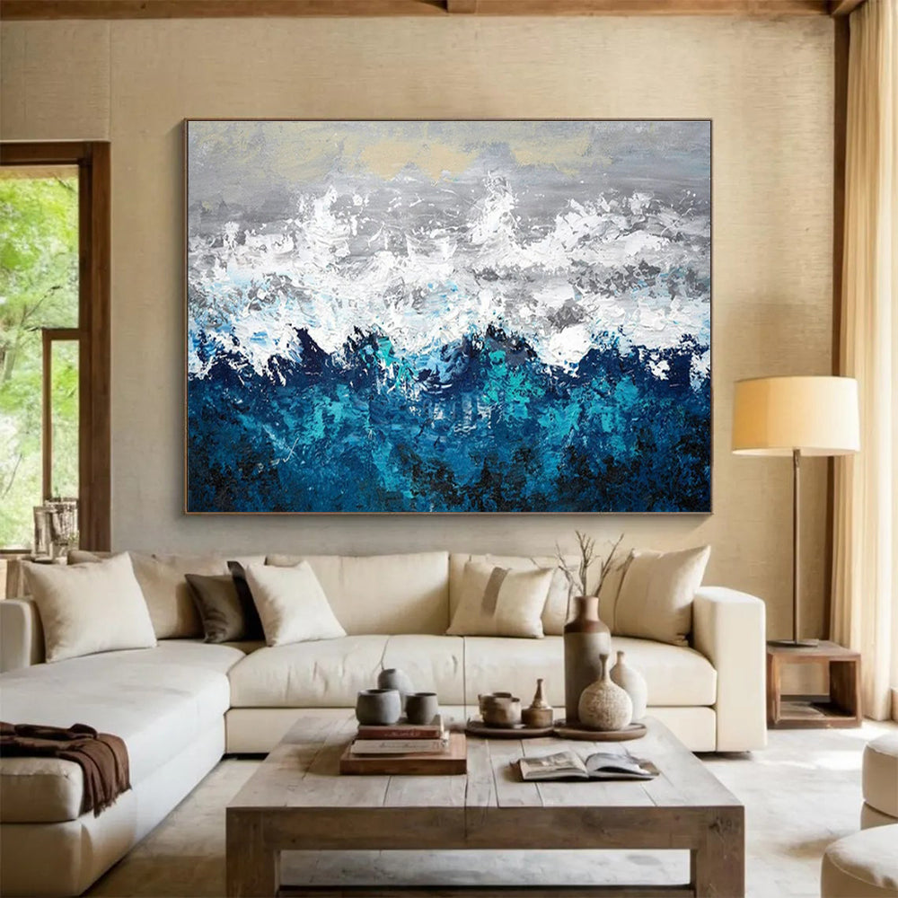Paintings For House Blue, White, and Gray Textured Abstract Seaside Art HPS370