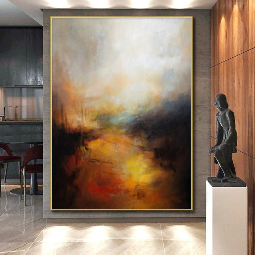 Modern Art Acrylic Orange, Yellow, and Black Textured Landscape Abstract Art PT808