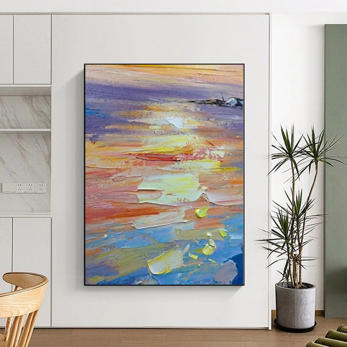 Large Painting In Living Room with Vibrant Sunset Hues (Orange, Yellow, Blue) PT017