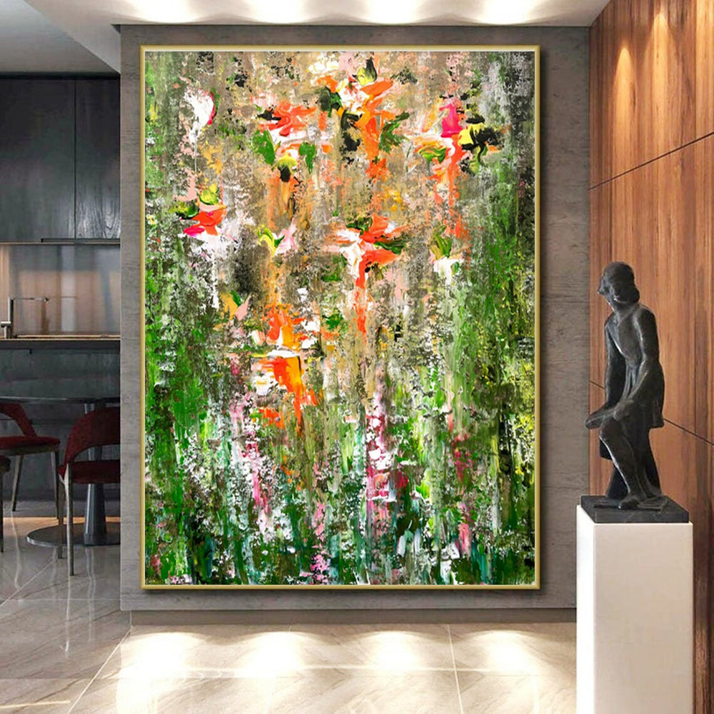 Hand Painting Green, Orange, and Pink Floral Abstract Art PT731