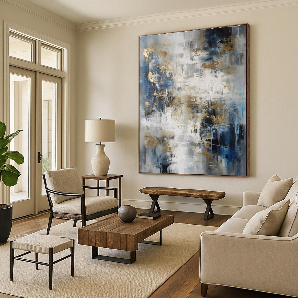Oversized Abstract Wall Art Blue, Gold, and Gray Textured Abstract Art PT746