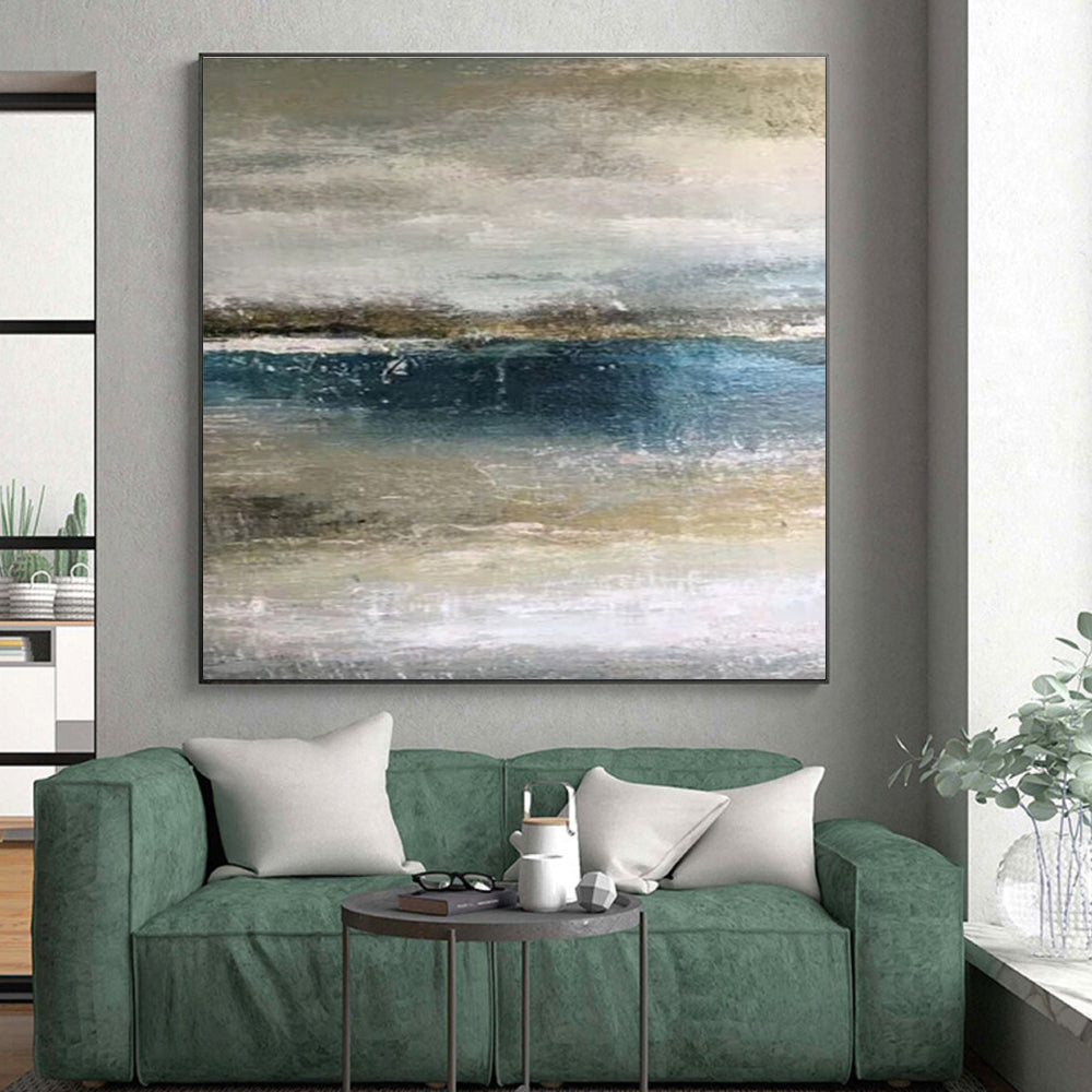 Hand Painted Art Blue and Gray Abstract Seaside Scene, Acrylic Modern Art Painting PT511