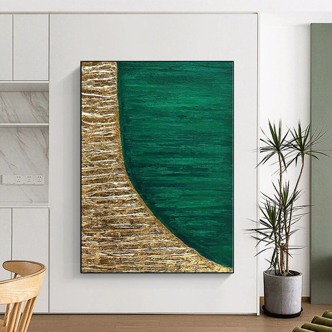 Large Size Green & Gold Textured Abstract Painting On Canvas PT048