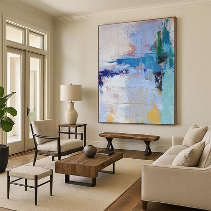 Oversized Abstract Wall Art Blue, Green, and Yellow Textured Abstract Art PT767