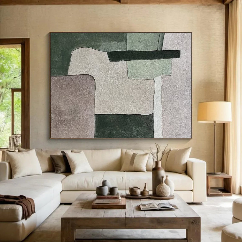 Large Painting In Living Room Green Gray Abstract Geometric Acrylic Art PT436