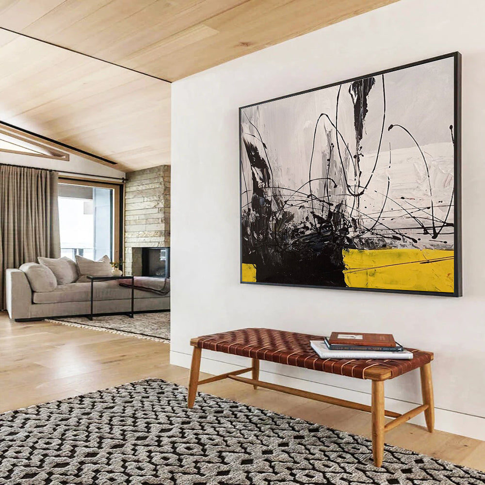 Oversized Abstract Wall Art Black, White & Yellow Energetic Abstract Art HPS168