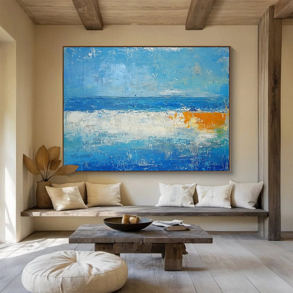 Large Contemporary Wall Art Blue, White & Orange Textured Coastal Abstract Painting HPS286