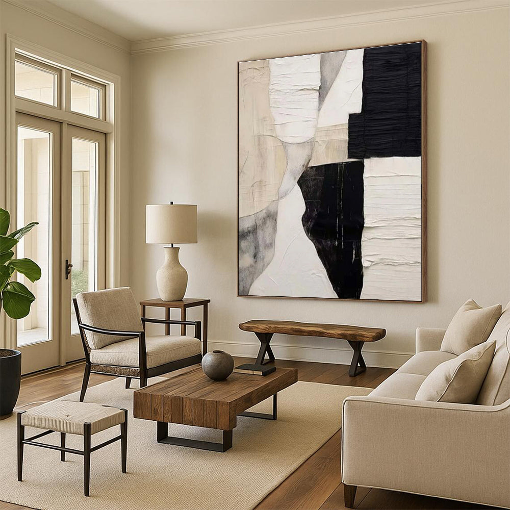 Hand Painted Art Black White Textured Abstract Collage Art PT331