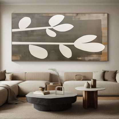 Wall Decor Abstract Paintings Large, Gray White Minimalist Plant Abstract Art PT136