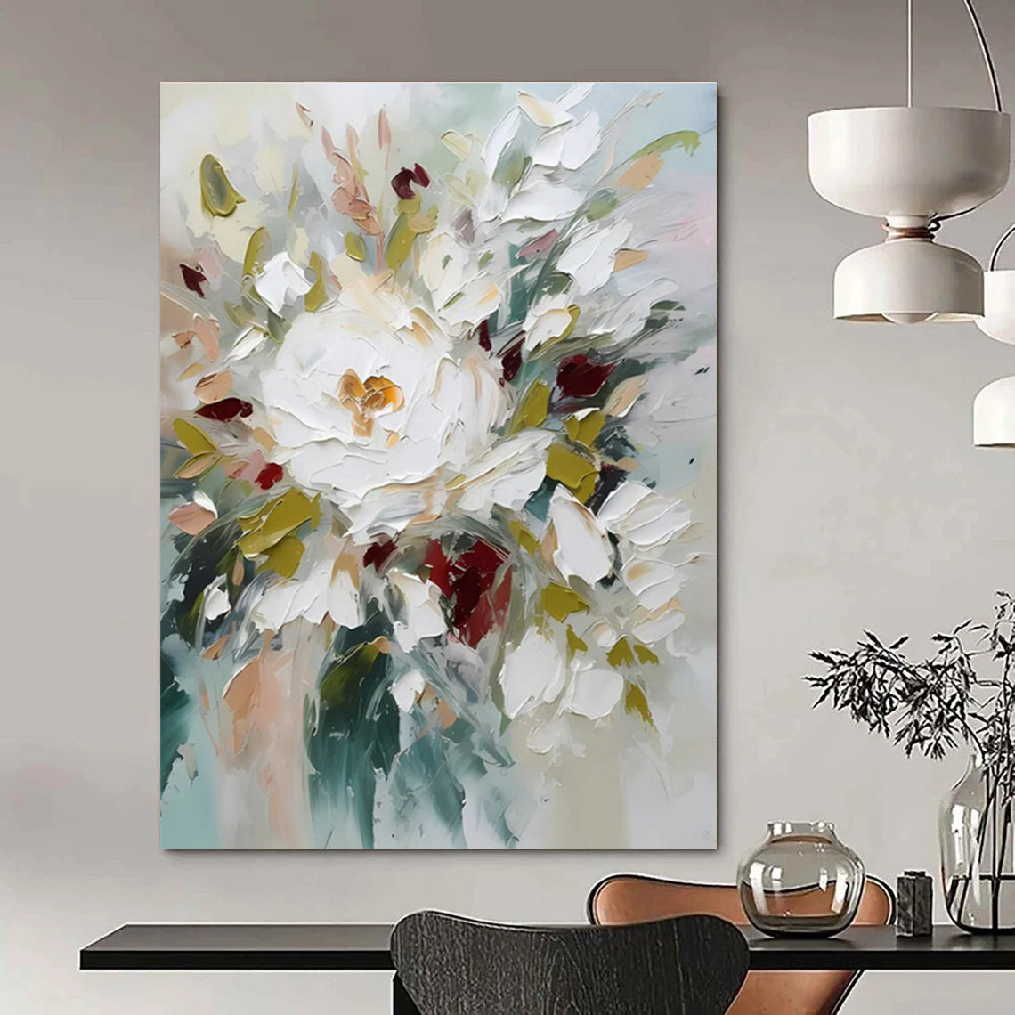 Hand-Painted White, Green & Red Floral Abstract, Paintings For House DPS501