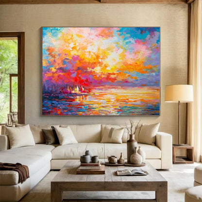 Hand-Painted Multicolor Sunset Landscape Abstract Painting On Canvas HPS100