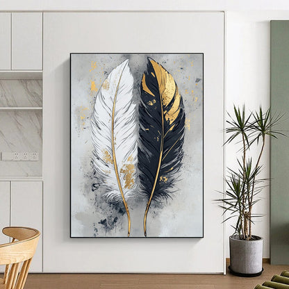 Hand-Painted Black, White & Gold Feather Abstract, Acrylic Modern Art Painting DPS499