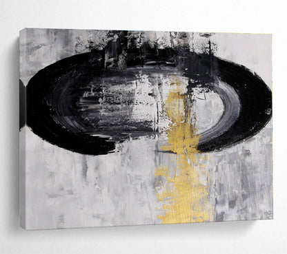 Unique Abstract Art Black, White & Gold Circular Abstract On Canvas HPS013
