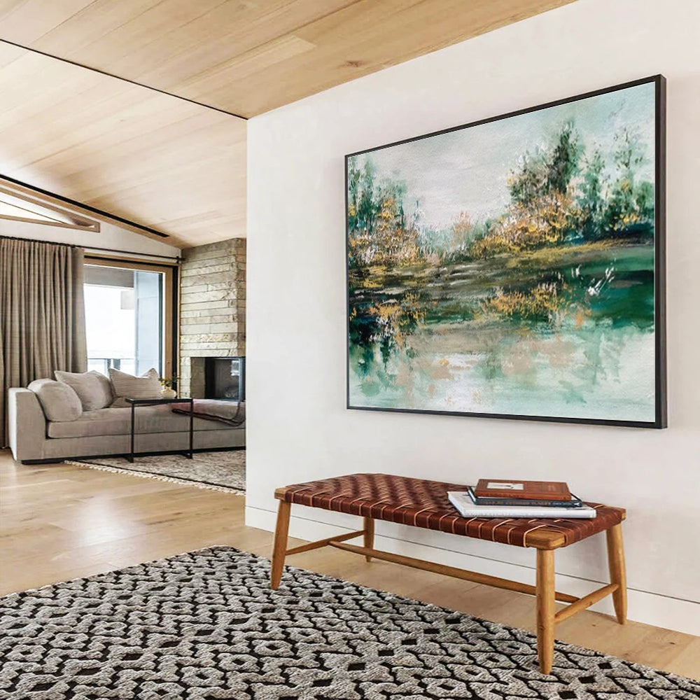 Large Contemporary Wall Art Green and Beige Abstract Lake Landscape Art HPS346