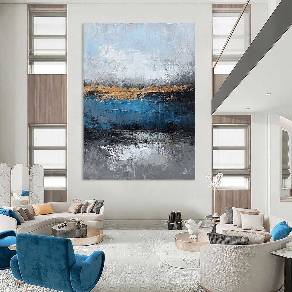 Large Contemporary Wall Art Blue, Gray, and Gold Abstract Landscape Painting DPS429
