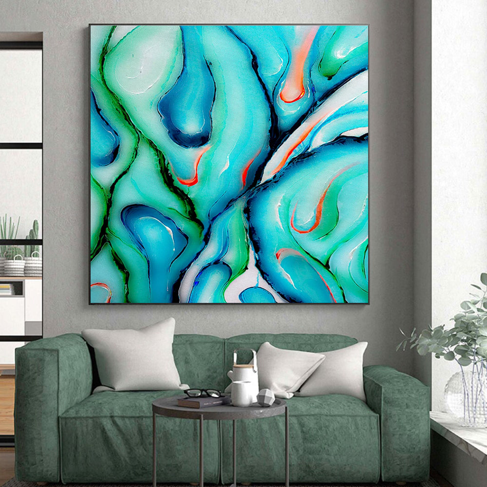 Unique Abstract Art Turquoise, Green, and Orange Fluid Abstract Art PT724