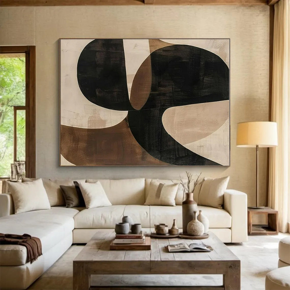 Handmade Art - Black, Brown & Beige Geometric Abstract Art with Flowing Forms PT600