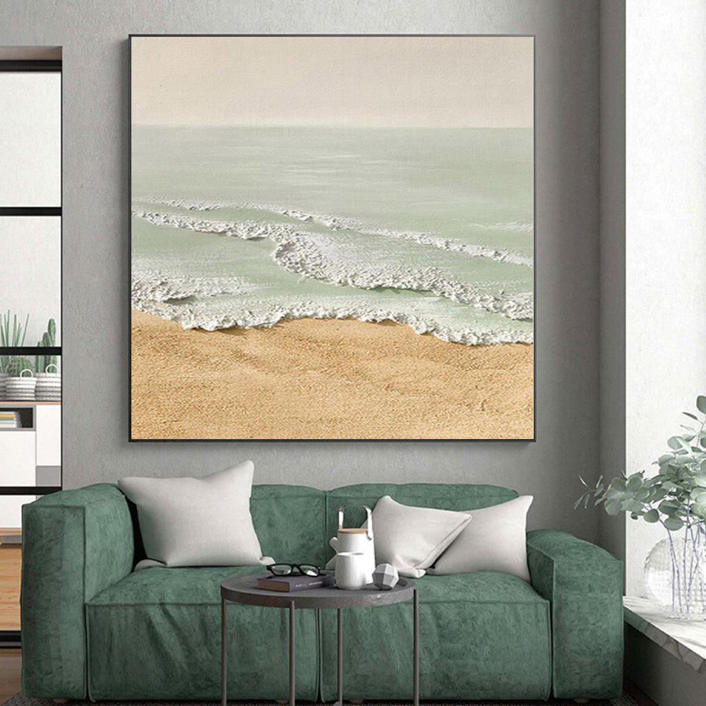 Unique Abstract Art Beige, Green & White Textured Seascape Abstract Painting On Canvas PT075