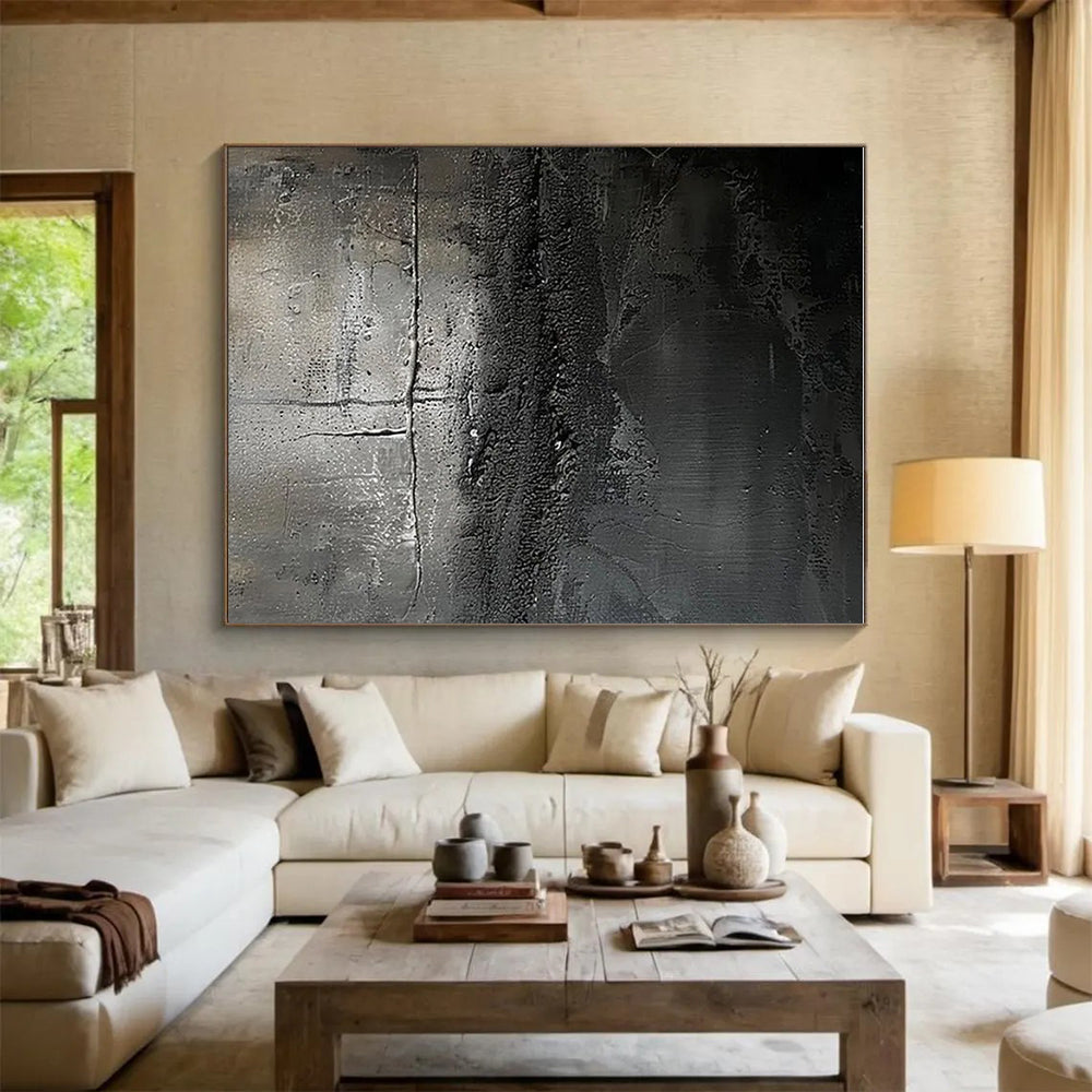 Acrylic Modern Art Paintings - Monochrome Black & Gray Textured Abstract Art PT597