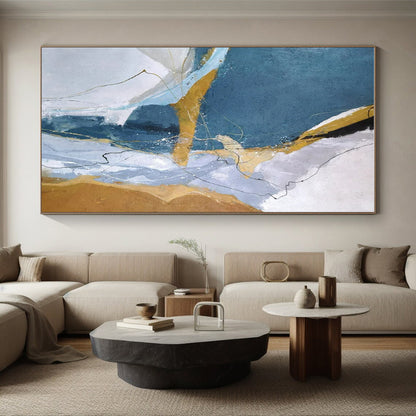 Cool Abstract Paintings Blue, Gold, and Gray Dynamic Abstract Art PT807