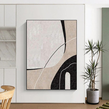 Minimalist Canvas Art Black, Beige, and White Organic Abstract Art PT681