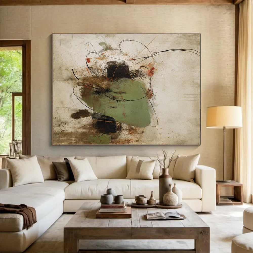 Large Contemporary Wall Art Green Brown Black Line Abstract Art PT500