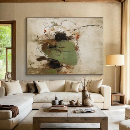 Large Contemporary Wall Art Green Brown Black Line Abstract Art PT500