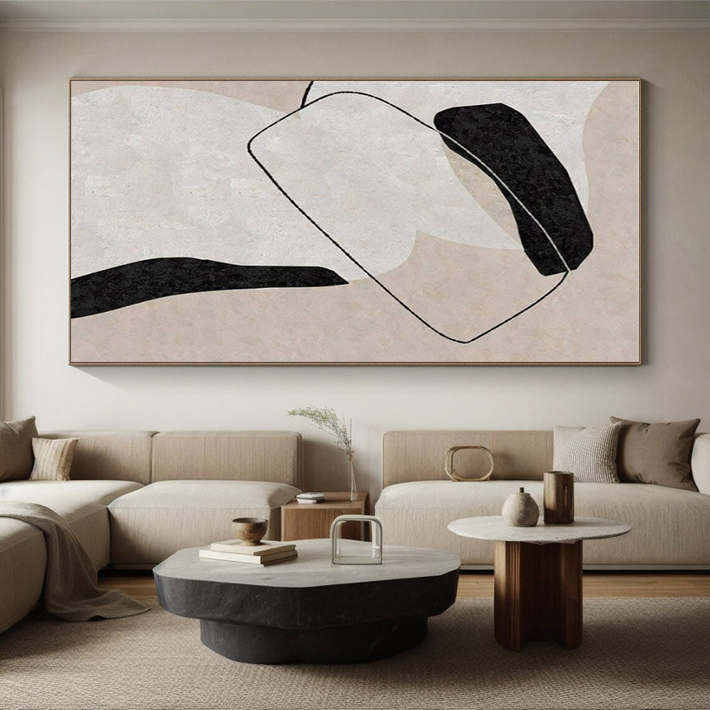 Minimalist Canvas Art Black, Beige, and White Organic Abstract Art PT701