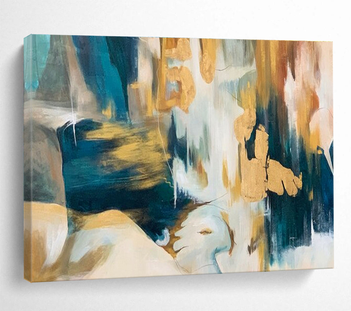 Paintings For House Teal, Gold, and Beige Textured Abstract Art HPS380