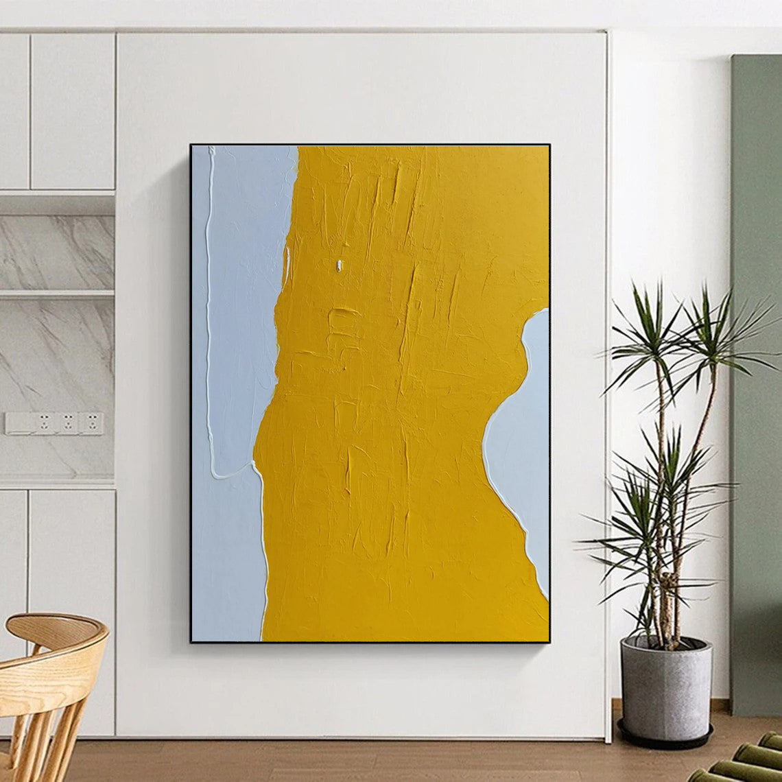 Hand-Painted Yellow and Grey Textural Abstract Shapes Painting PT261