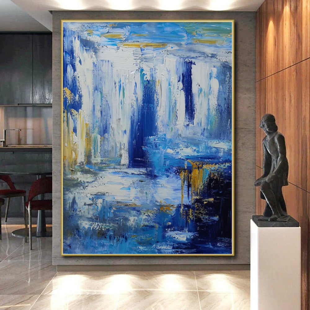 Unique Abstract Art Blue, White & Gold Textured Waterfall Abstract Painting On Canvas PT065