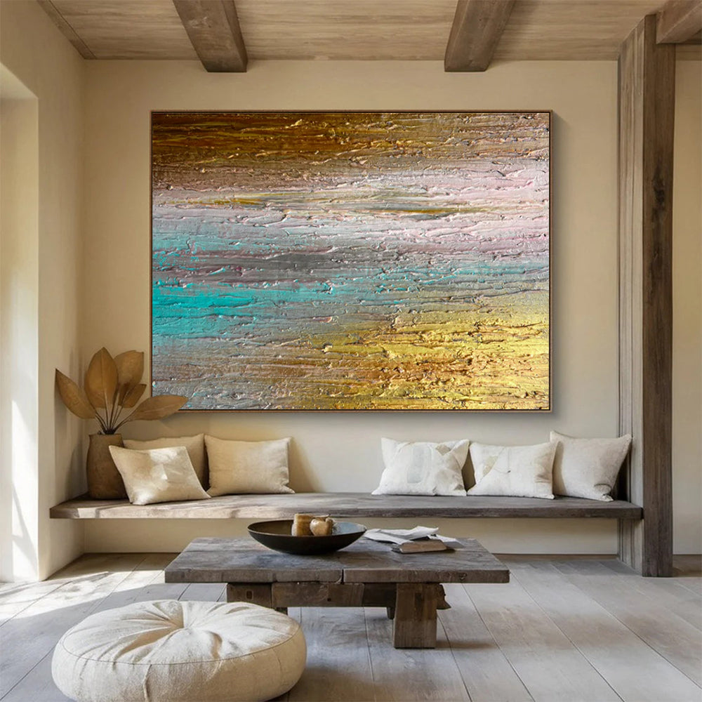 Gaint Canvas Art Gold, Teal, and Brown Textured Abstract Landscape Art HPS392