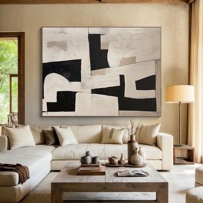 Modern Art Acrylic Black, White, and Beige Geometric Abstract Art PT759