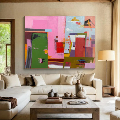 Acrylic Modern Art Paintings Pink, Green & Red Abstract Geometric Art HPS173