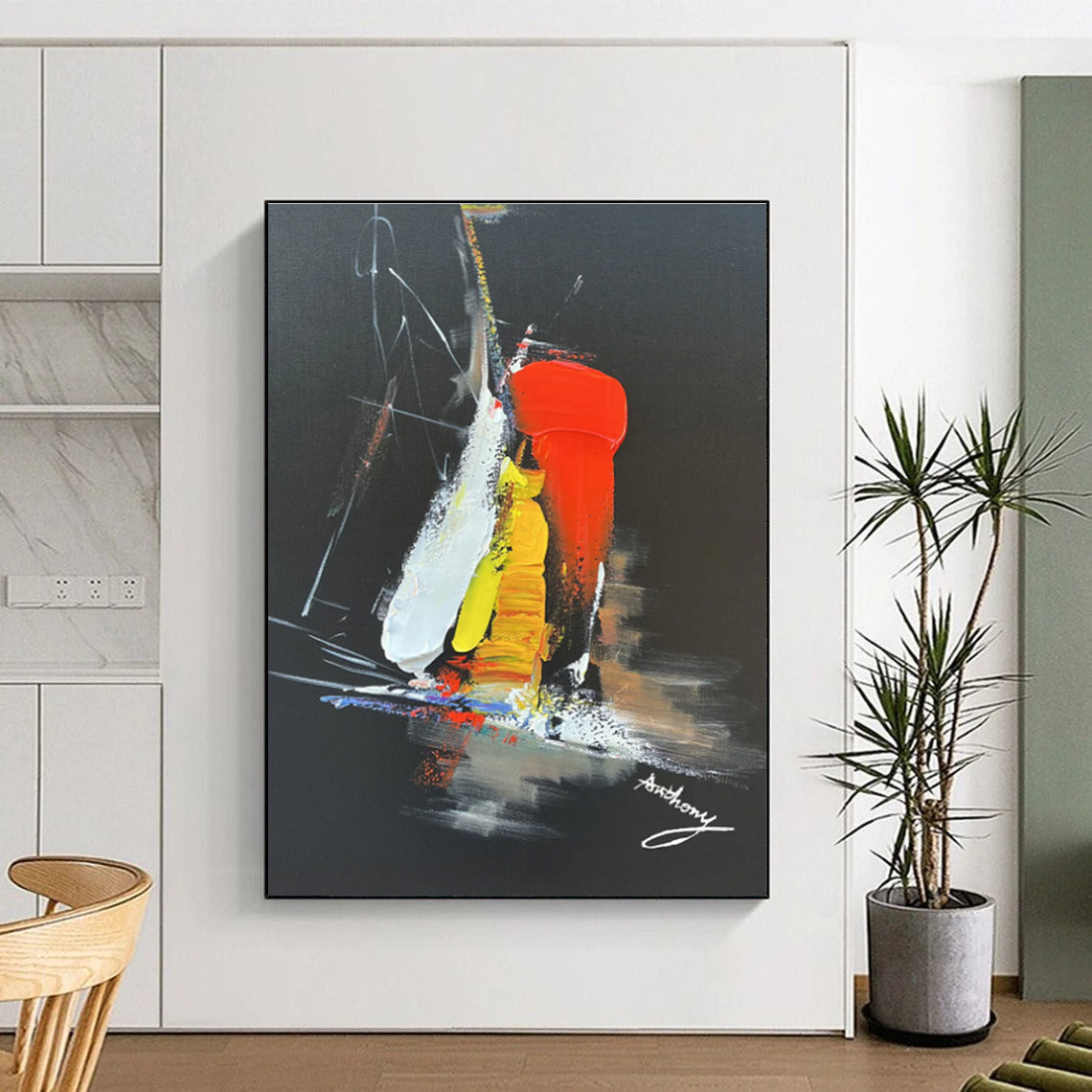 Large Contemporary Wall Art Red Yellow White Abstract Art on Black PT478