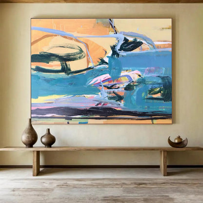 Large Painting In Living Room Teal, Orange & Pink Abstract Fluid Art HPS167